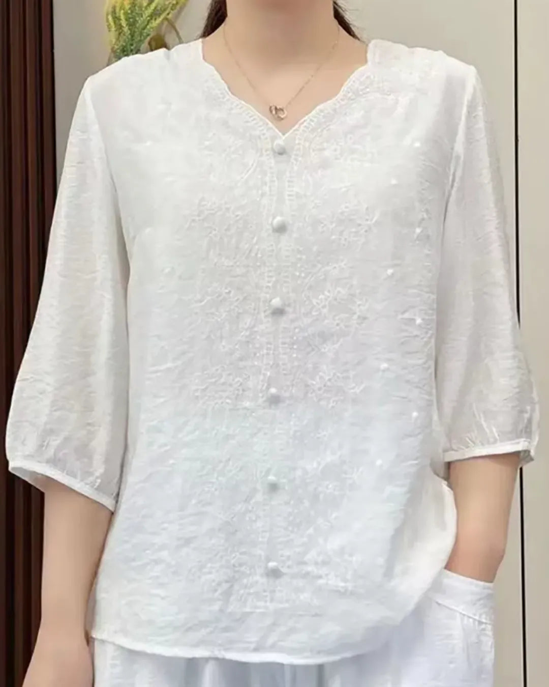 Embroidered Blouse with Covered Buttons and 3/4 Sleeves