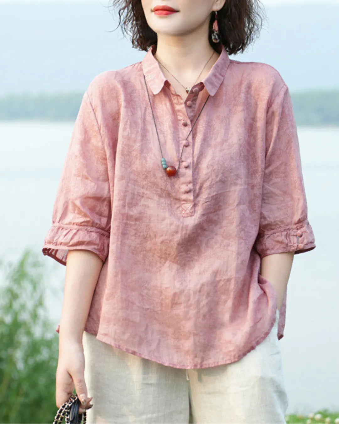Jacquard Shirt Collar Blouse