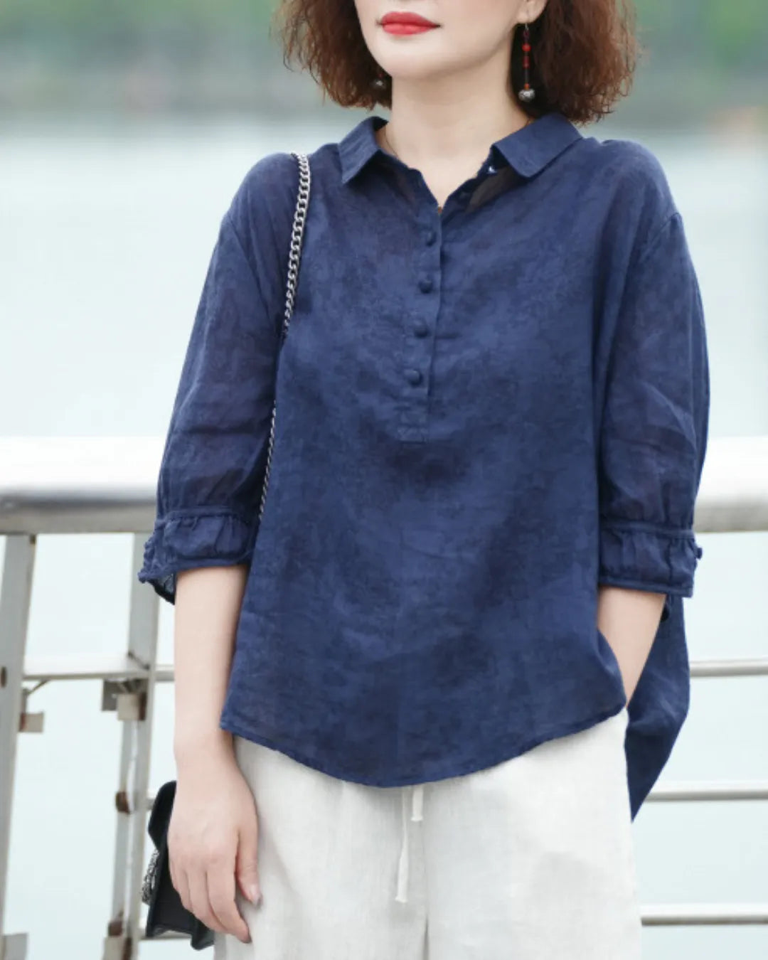Jacquard Shirt Collar Blouse
