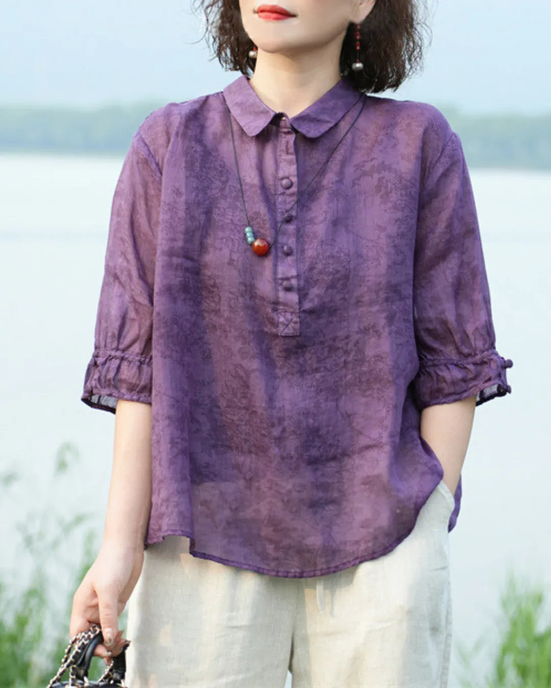 Jacquard Shirt Collar Blouse