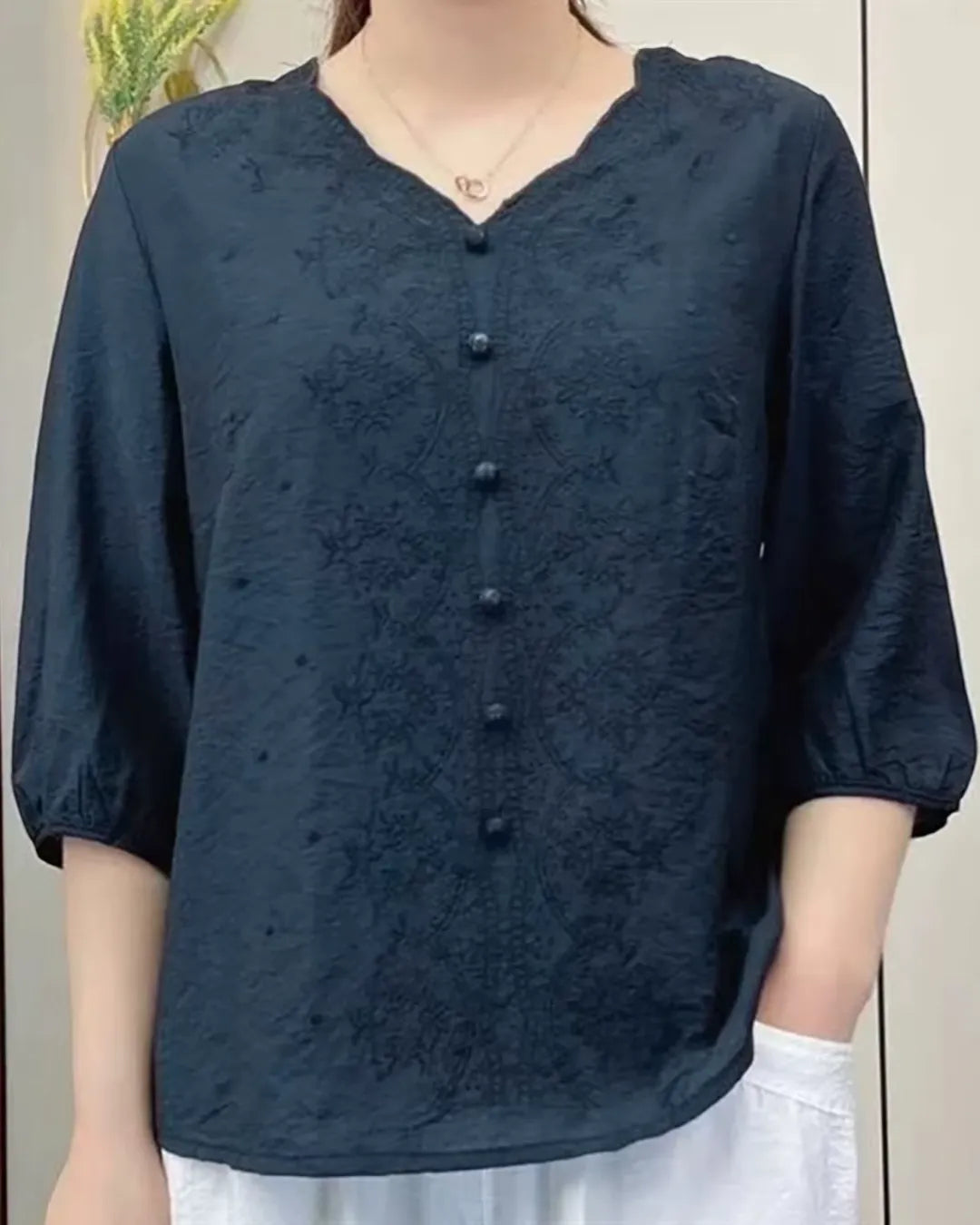 Embroidered Blouse with Covered Buttons and 3/4 Sleeves
