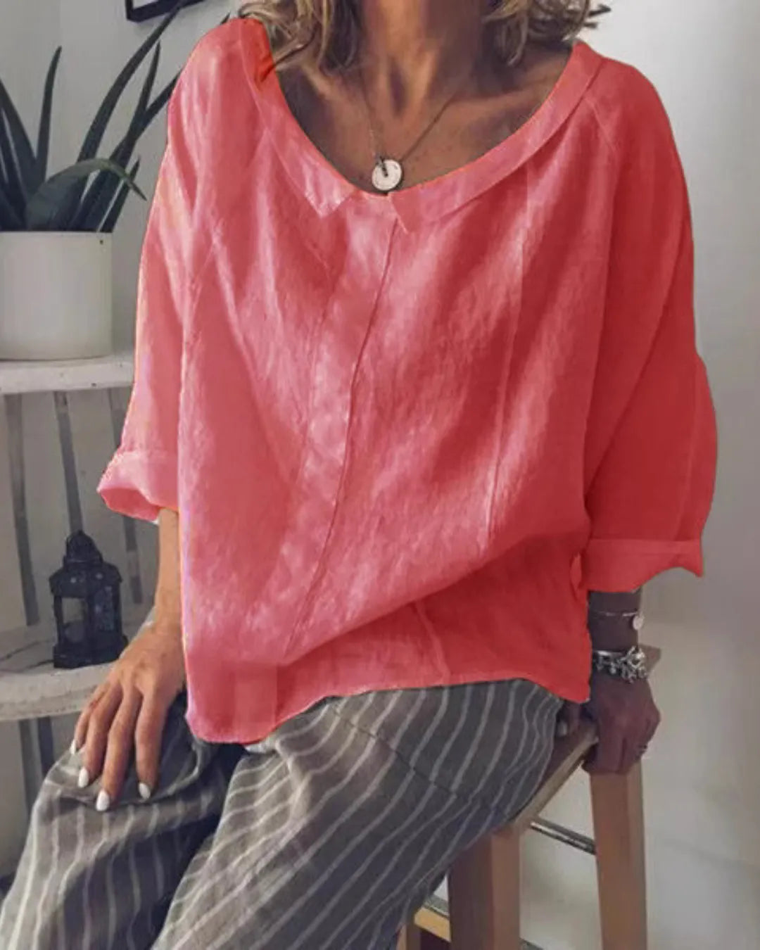 Lightweight Cotton V-Neck Loose Shirt – Long Sleeve Relaxed Fit