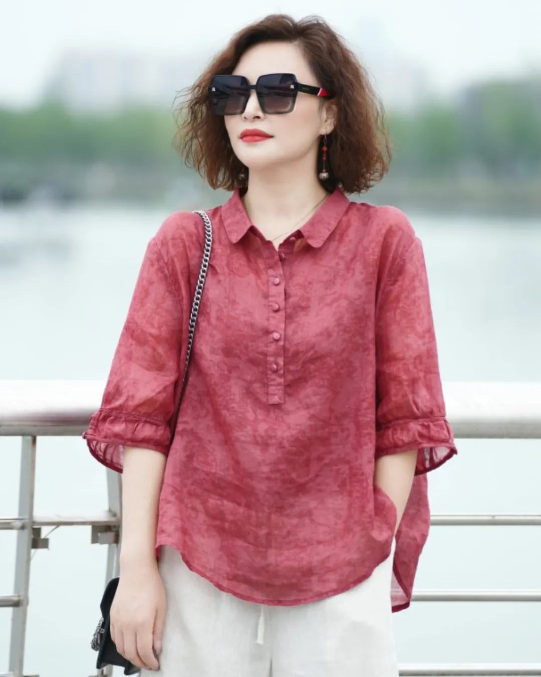 Jacquard Shirt Collar Blouse