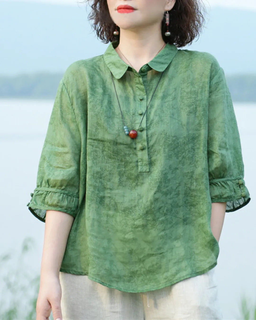 Jacquard Shirt Collar Blouse