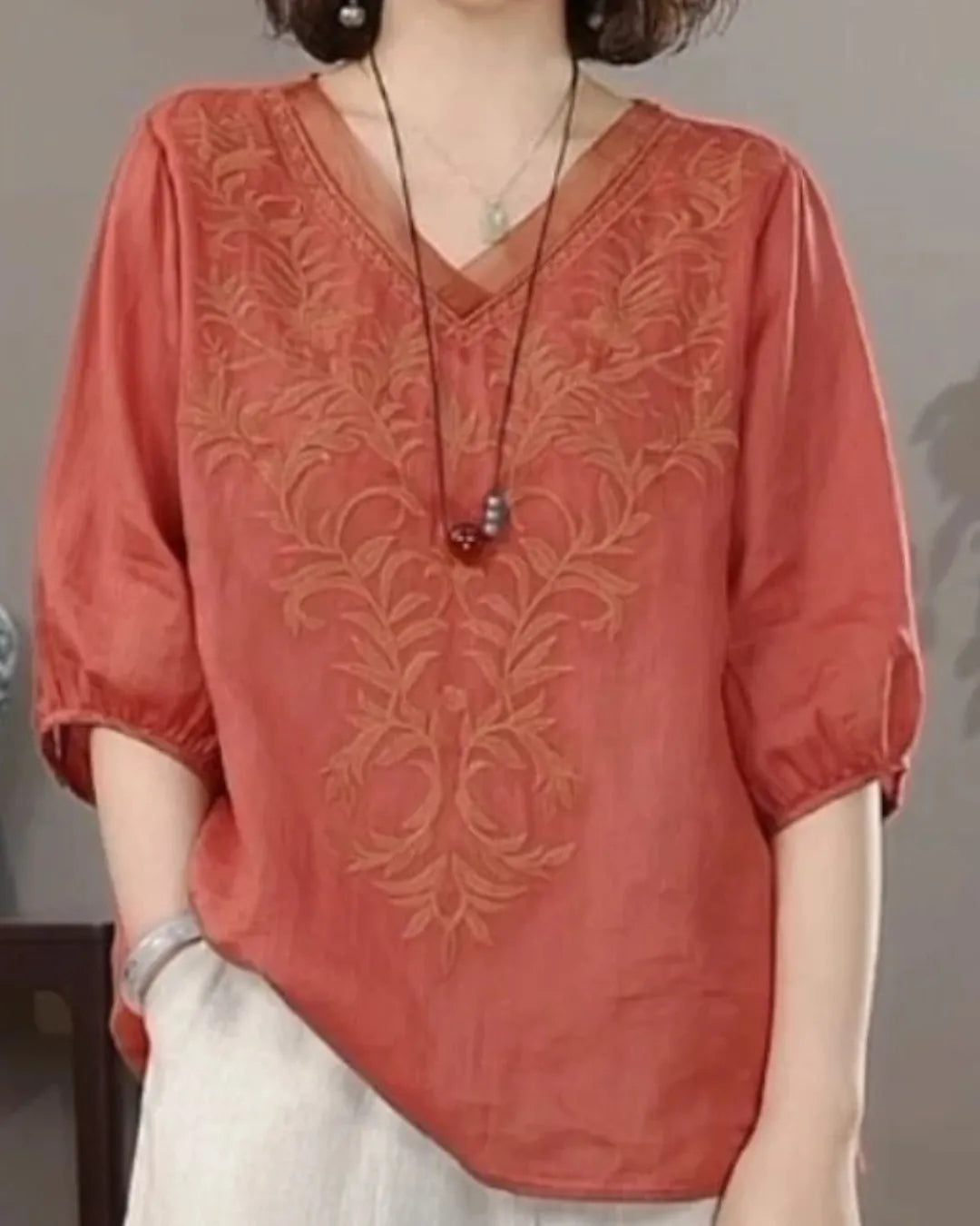 Embroidered V-Neck Linen Cotton Blouse