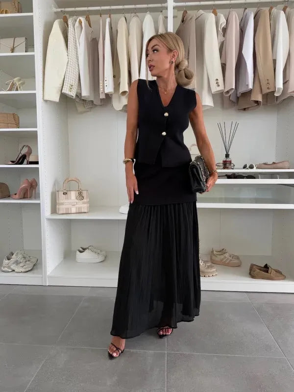 Pleated Maxi Skirt Set with Sleeveless Vest