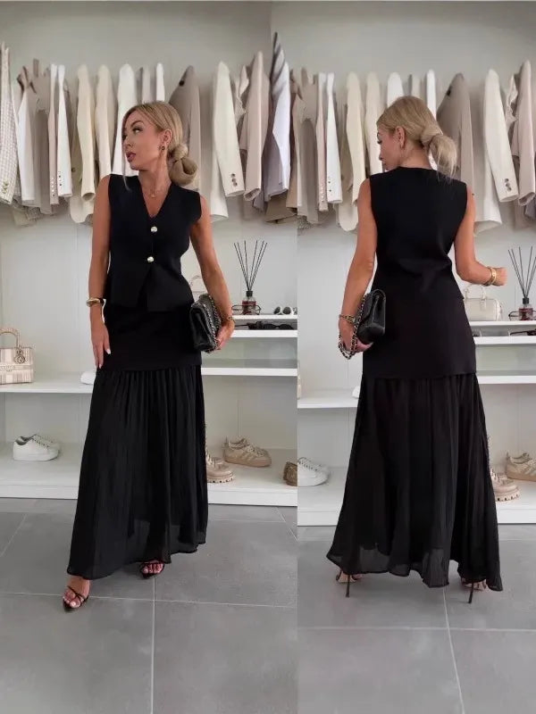 Pleated Maxi Skirt Set with Sleeveless Vest