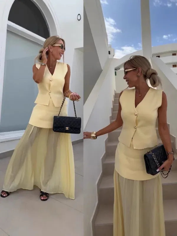Pleated Maxi Skirt Set with Sleeveless Vest