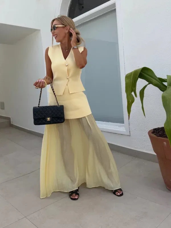 Pleated Maxi Skirt Set with Sleeveless Vest