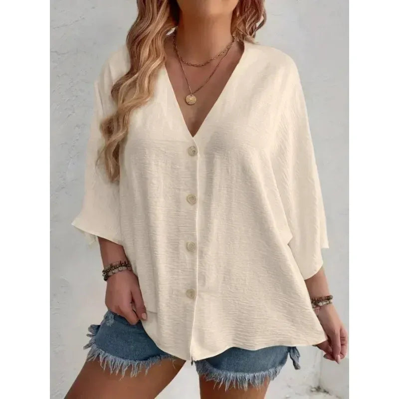Textured V-Neck Button Blouse