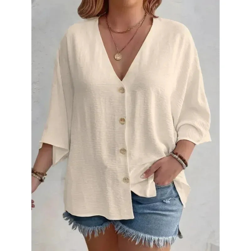 Textured V-Neck Button Blouse