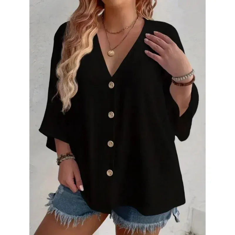 Textured V-Neck Button Blouse