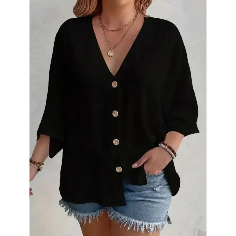 Textured V-Neck Button Blouse